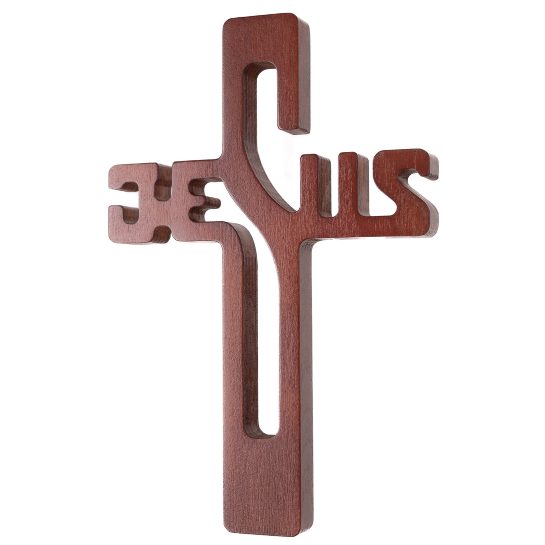 Dřevěný závěsný kříž s nápisem JESUS hnědý 22x14x1,6cm