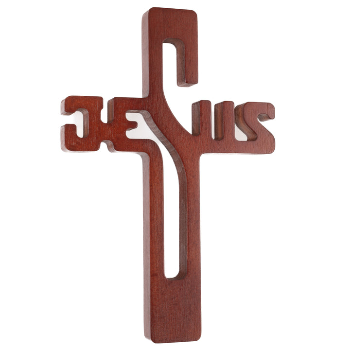 Dřevěný závěsný kříž s nápisem JESUS hnědý 22x14x1,6cm