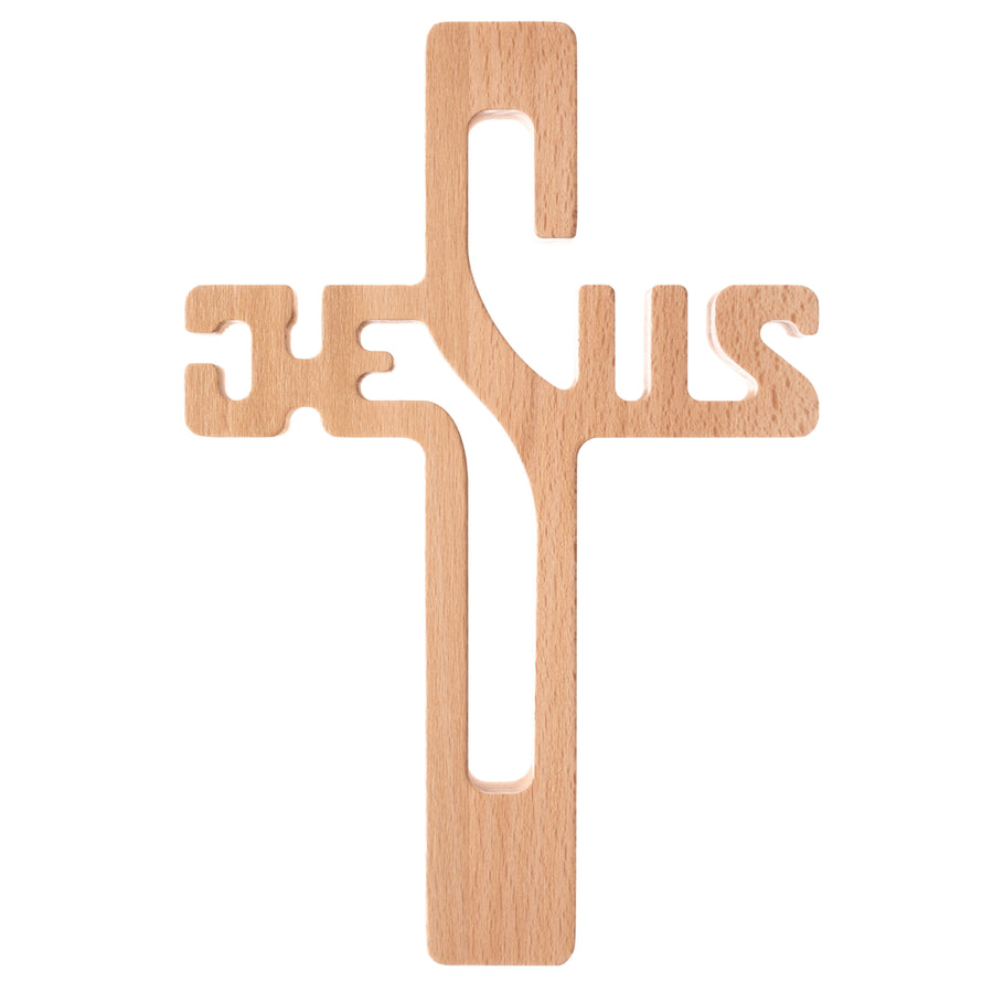 Dřevěný závěsný kříž s nápisem JESUS přírodní 30x20x1,8cm
