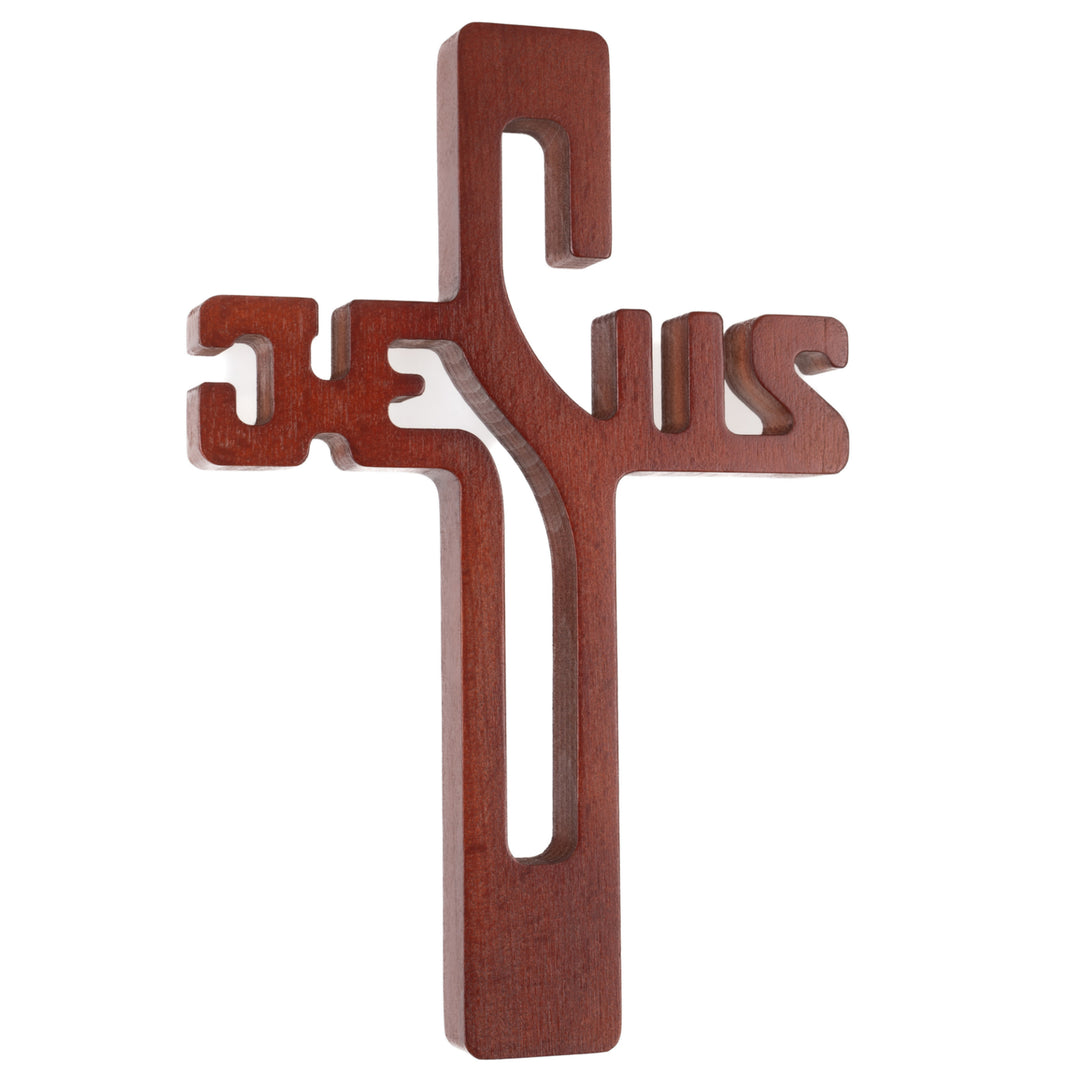 Dřevěný závěsný kříž s nápisem JESUS hnědý 30x20x1,8cm