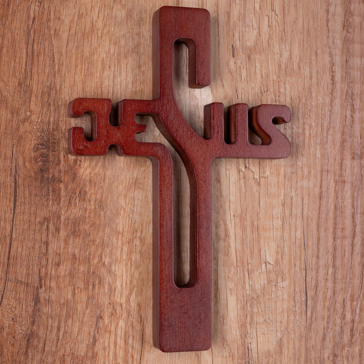 Dřevěný závěsný kříž s nápisem JESUS hnědý 30x20x1,8cm