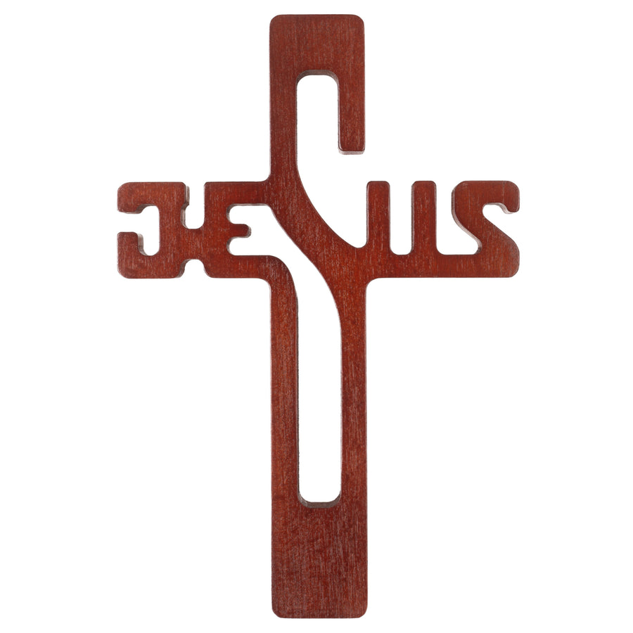 Dřevěný závěsný kříž s nápisem JESUS hnědý 30x20x1,8cm