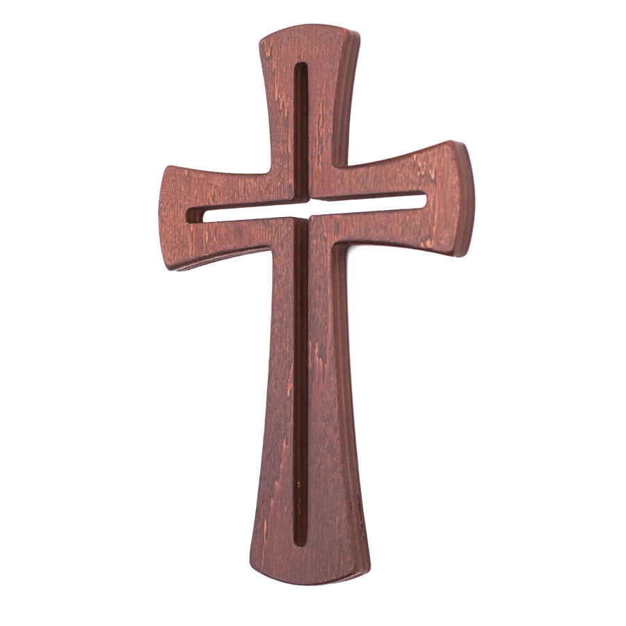 Moderní závěsný kříž symbol umučení Božího Syna hnědý 18x11x1cm