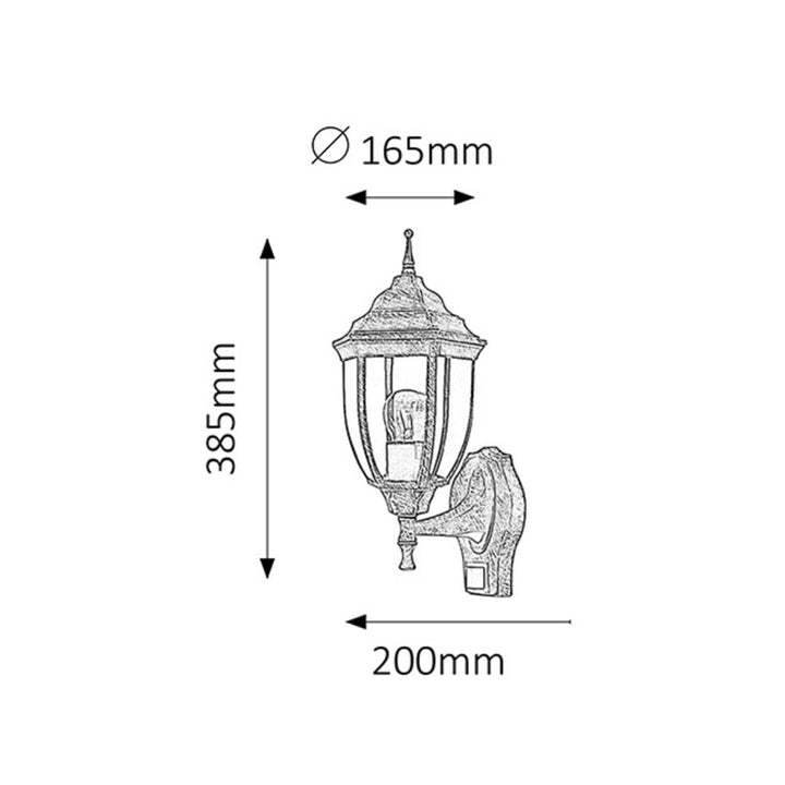 Nástěnné svítidlo Rabalux Nizza ve starozlaté barvě se senzorem pohybu a soumraku. Závit E27, výkon 60 W, stupeň krytí IP43.