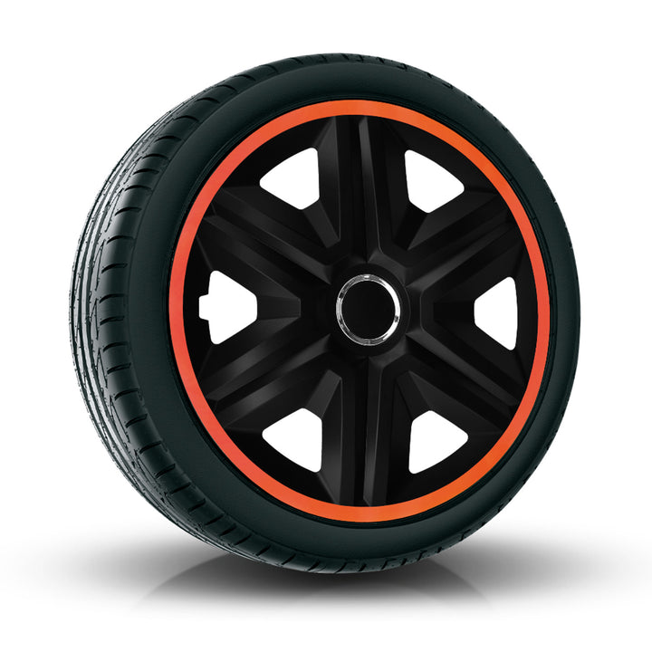NRM Fast Lux kryty kol pro ocelové ráfky Dvoubarevné kryty kol Sada 4 ks pro automobily Vhodné pro většinu značek a ráfků ABS plast (černá/oranžová, 15")