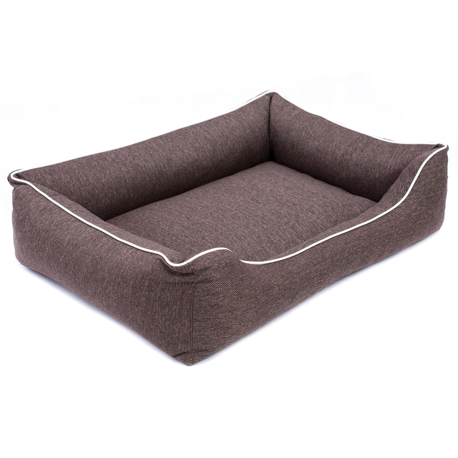 Pelíšek pro psy Sofa Mallorca Comfort v hnědé barvě s bílým lemováním 100x75 cm