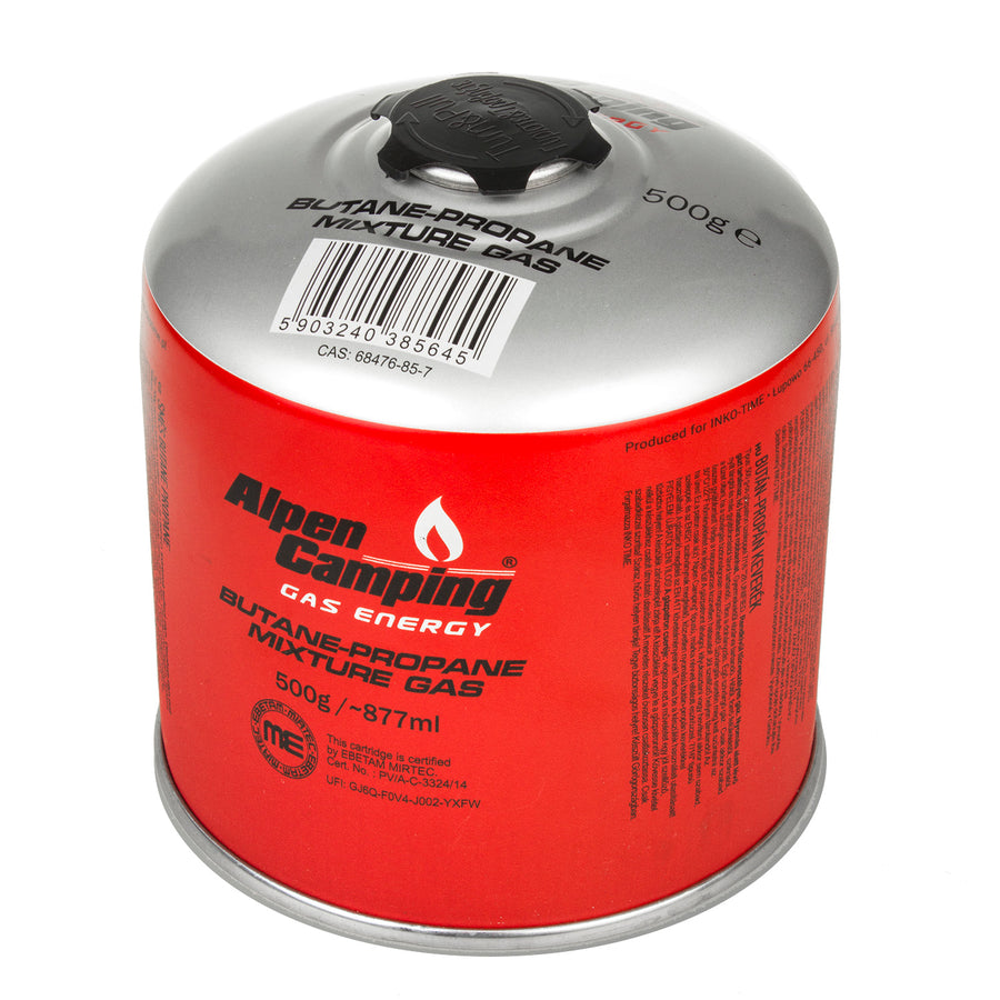 4x 500g plynová kartuše Alpen Camping. Certifikát: Rozsah -10°c až + 40°c, 7/16" ventil IK008.
