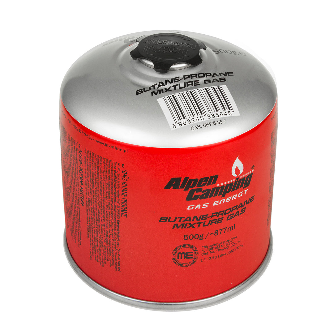 3x Alpen Camping 500g plynová kartuše. Certifikát: Rozsah -10°c až + 40°c, 7/16" ventil IK008.