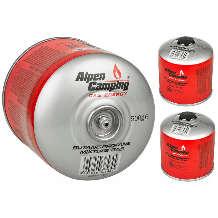 3x Alpen Camping 500g plynová kartuše. Certifikát: Rozsah -10°c až + 40°c, 7/16" ventil IK008.