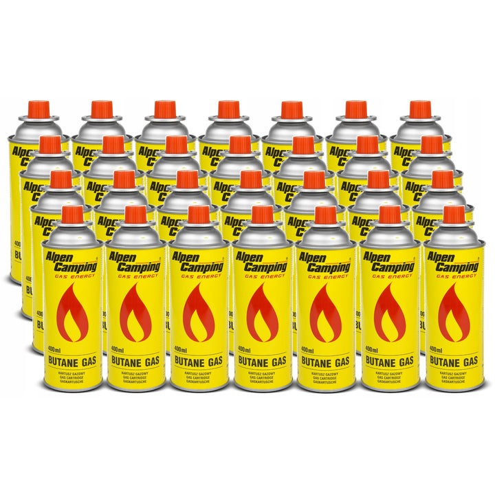 28x Alpen Camping 400ml plynová kartuše. Certifikát: Pracovní rozsah -10°c až + 40°c, IK004.