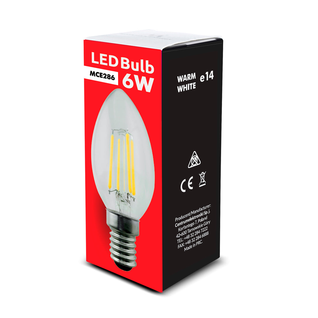 6x Maclean, žárovka LED E14, 6W, 230V, WW teplá bílá 3000K, 806lm, retro edisonová dekorativní svíčka C35, MCE286