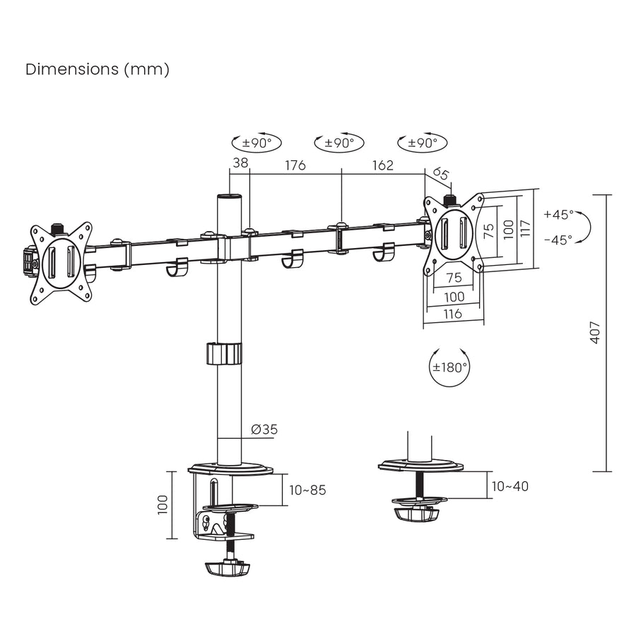 Stolní držák Maclean pro 2 monitory, VESA 75x75 a 100x100, 17-32", 2x 9 kg, MC-754N