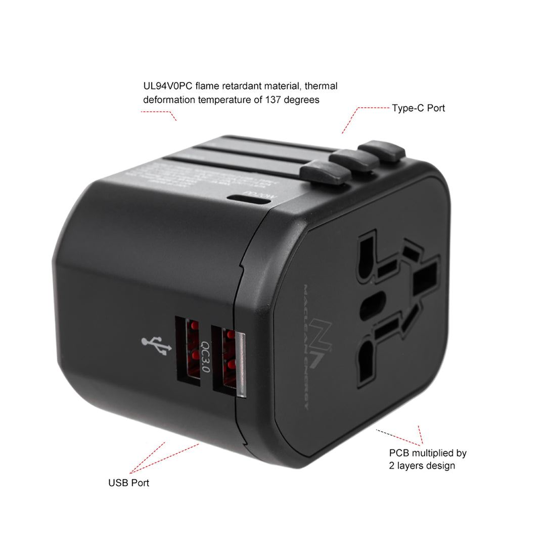 Cestovní adaptér Maclean, napájecí adaptér USB, 2xUSB 3A + USB-C PD 20W, 8A pojistka, rychlé a rychlé nabíjení, 200 zemí světa, MCE238N