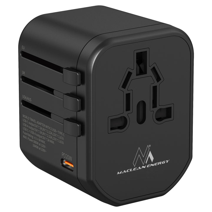 Cestovní adaptér Maclean, napájecí adaptér USB, 2xUSB 3A + USB-C PD 20W, 8A pojistka, rychlé a rychlé nabíjení, 200 zemí světa, MCE238N