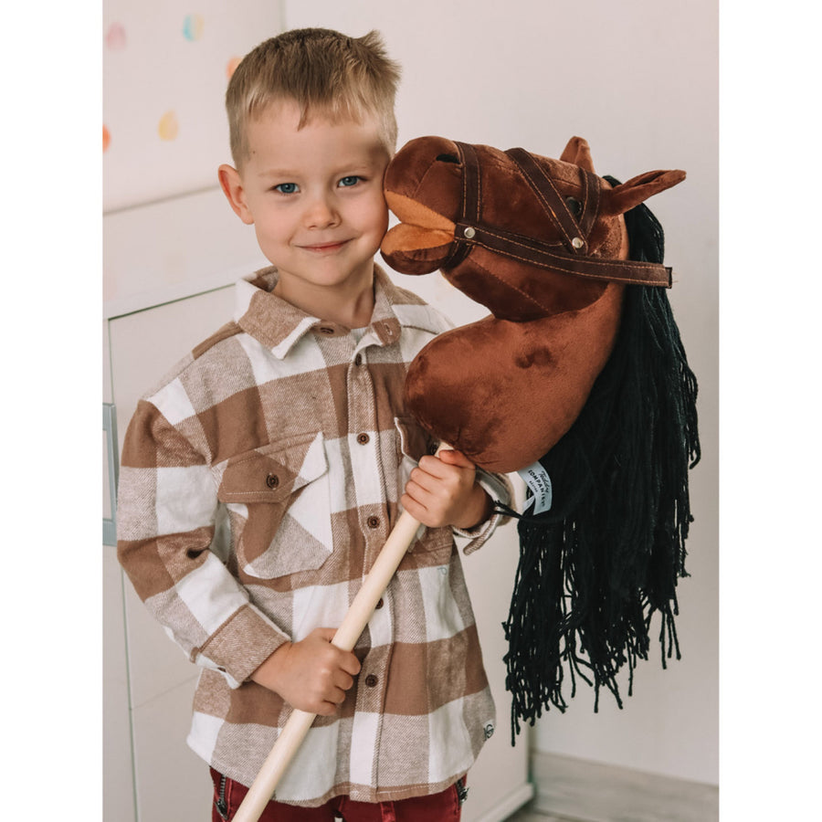 Plyšový kůň, dřevěná hůl, otěže, 80 cm, T-TED-03002