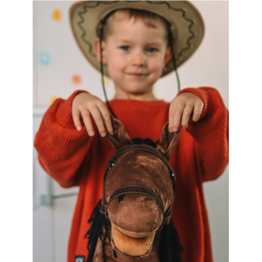 Plyšový kůň, dřevěná hůl, otěže, 80 cm, T-TED-03002
